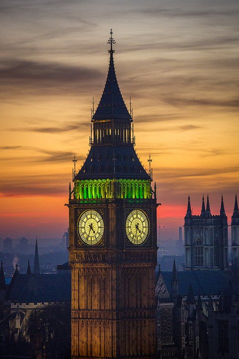 London Big Ben Clock Tower Night Lights Sunset Cityscape orange sky