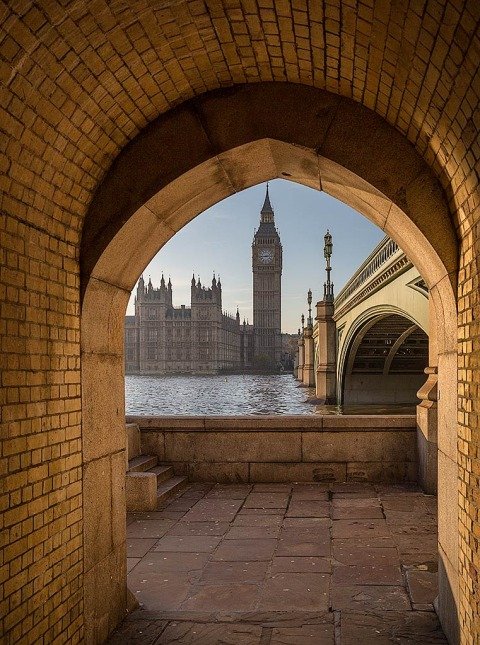 London River Thames Big Ben Clock Tower Cityscape viewed through stone arch