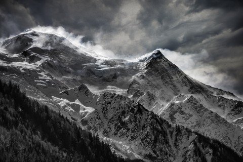 windy mountains alps black and white