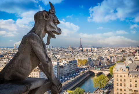 Paris skyline with gargoyle from top of Notre Dame Cathedral